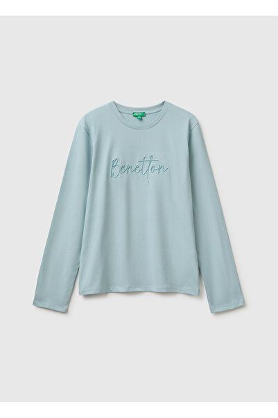 United Colors of Benetton Girl's Aqua Green Long Sleeve T-Shirt with Embroide...