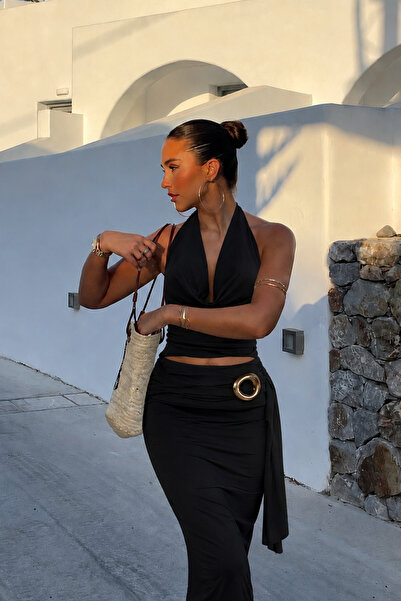 Black Fashion Degaje Yaka Bluz Aksesuar Detay Maxi Etek İkili Siyah Takım