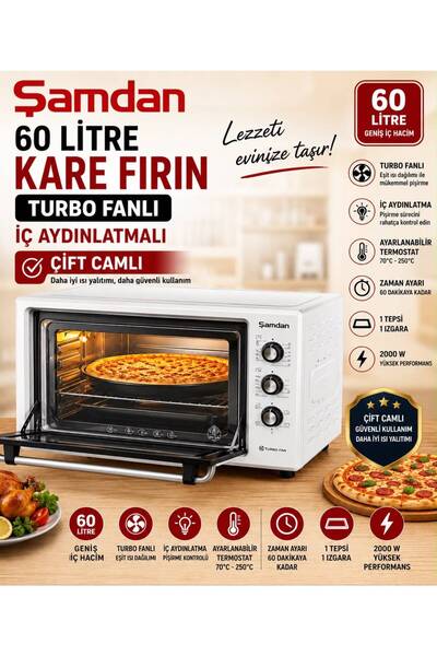 Genel Markalar 60 Litre Turbo Fanlı Çift Camlı Kare Fırın - Beyaz