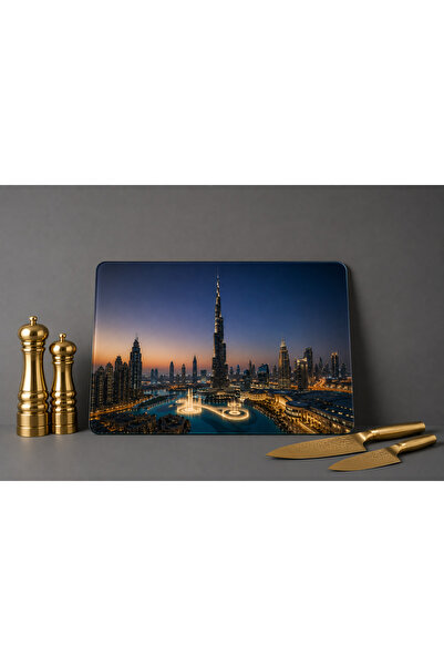 Cam Kesme Tahtası Dubai Burj Khalifa Temalı - Cam Kesme Tablası | 30cm x 40cm