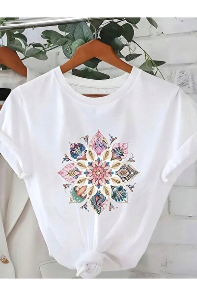 Oceanwear Mandala Detailed Printed Short Sleeve Women's Plain White Tshirt