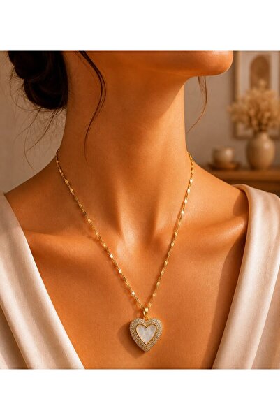MARE BUTİK Gold Color Steel Necklace with Detailed Heart Figure