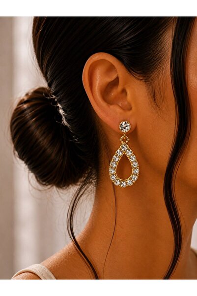 MARE BUTİK Crystal Stone Drop Shape Gold Dangle Earrings