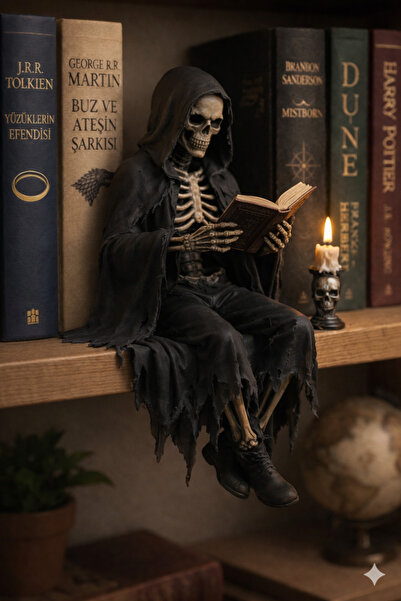 EMAKE3D Kitap Okuyan Kapüşonlu İskelet Figürü 12 cm – 3D Baskı Gotik Kitaplık...