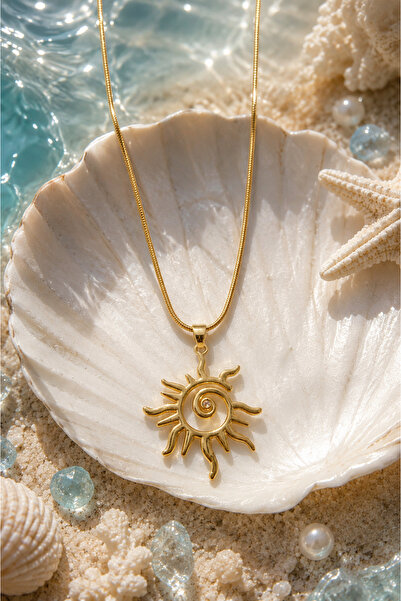 Sylvera Shop Sun Spiral Steel Necklace with Sun Figure (Gold Color)