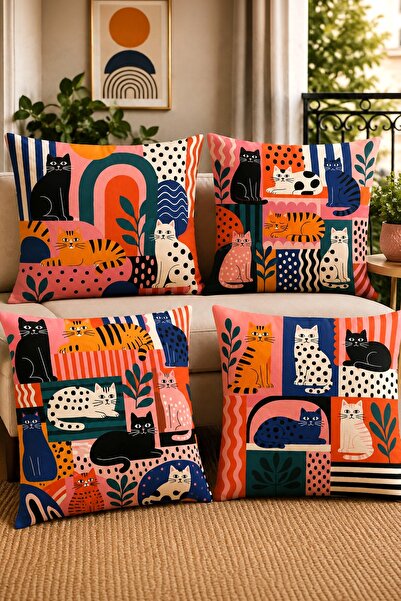 EVPANYA Retro Cats Patterned 4-Piece Throw Pillow Cover Set