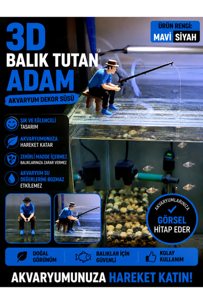 🎣 3D Balık Tutan Adam – Akvaryum Dekor Süsü (Mavi/Siyah Renk)