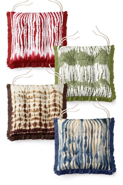 IdeCraft Ethnic Shibori Batik Patterned 4-Piece Fringed Fluffy Garden Chair C...