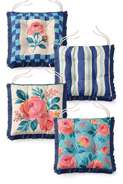 IdeCraft Blue Striped Pink Rose Flower Patterned Fringed Puffy Chair Cushion ...