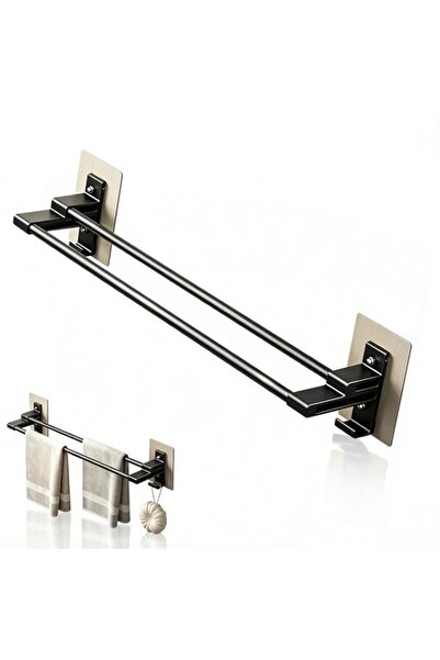 Generic Adhesive Towel Rail Double Rod, 2 Tier Bathroom Shelf with 2 Hooks, N...