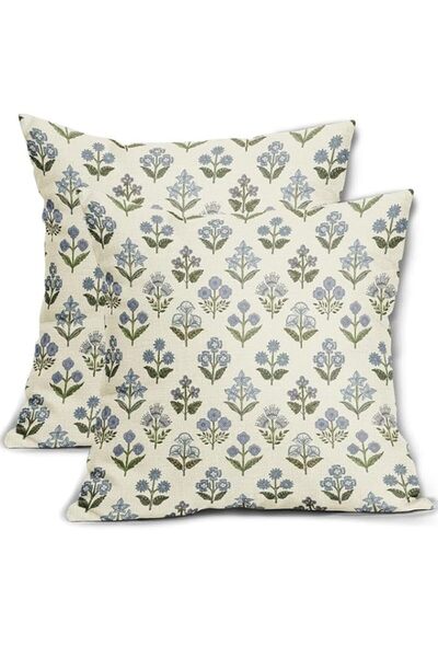 Generic ALMEKAQUZ 2 Pack Blue Green Block Print Pillow Covers 18x18 Inch, Vin...