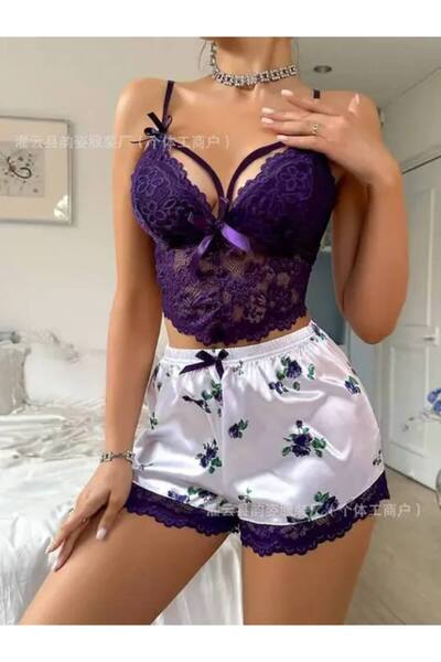 Generic Brand Women's Sleepwear Elegant Lace Top and Shorts Set Floral Satin ...