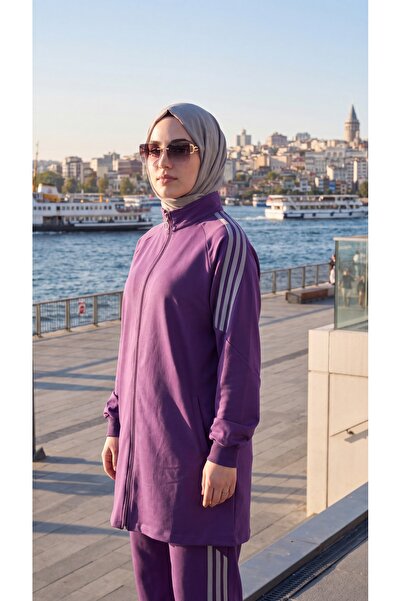 Wovi Moda Women's Hijab Stripe Detailed Zippered Tracksuit Set