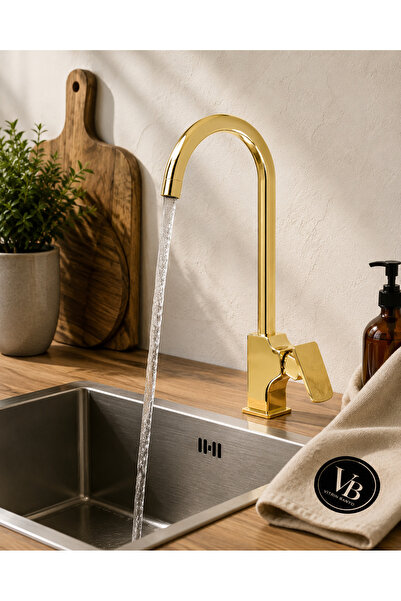 vb vitrinbanyo Gold Sink Faucet – High Swan Spout Single Handle Swivel Kitche...