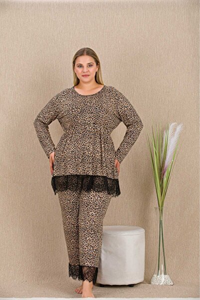 Dantel detaylı leopar pijama takımı