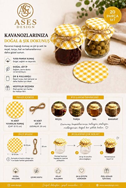 Ases Design Yellow Gingham Jar Lid Decoration Set 20 Pieces – 10 Fabrics 10 J...