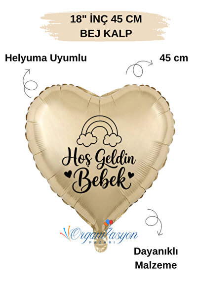 Organizasyon Pazarı 18 Inch Beige Heart Foil Balloon |   Welcome Baby Rainbow...