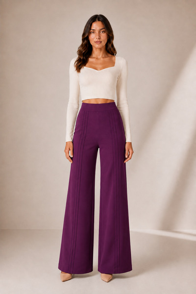 De Carte Women's High Waist Modal Fabric Sweatpants with Front Stitching Detail