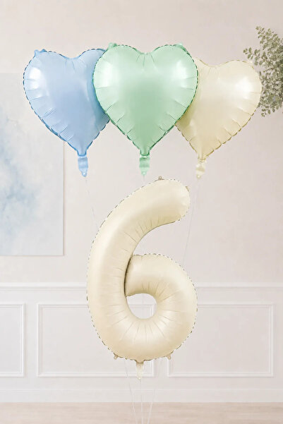 Atölye Mi 6 Years Old Retro Blue Green Cream Heart Foil Balloon Set Set44 6 Y...