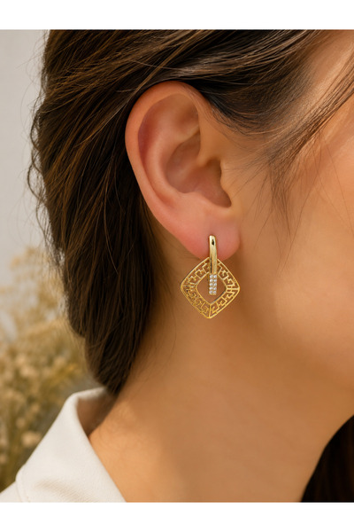 XUPING JEWELRY Xuping 14K Altın Kaplama Geometrik Desenli Taşlı Kadın Küpe – ...