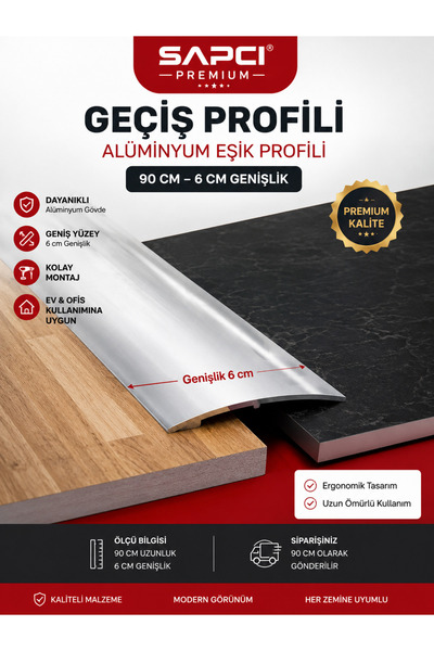 Sapcı Premium Alüminyum Geçiş Profili 90 cm – 6 cm Genişlik – Kapı Eşiği Zemin Geçiş Profili