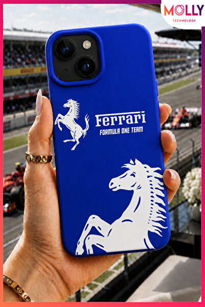 Molly iPhone 13/14 İçin Saks Mavisi Racing Horse Desenli İçi Kadife Silikon K...