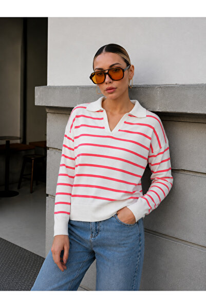ASEDE Shirt V-Neck All-Season Wearable Striped Cotton Thin Knitwear Sweater