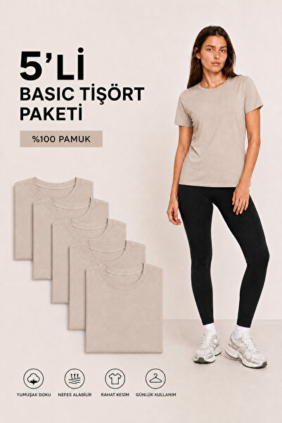 Maison Rae Kadın 5’li Bej Basic Tişört Seti, 30/1 Likralı Süprem, Regular Fit...