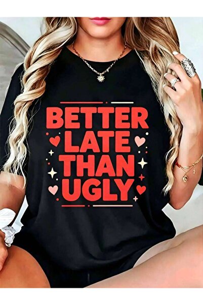 2BIR تي شيرت نسائي كاجوال برسومات مضحكة عليه عبارة Better Late Than Ugly، منا...