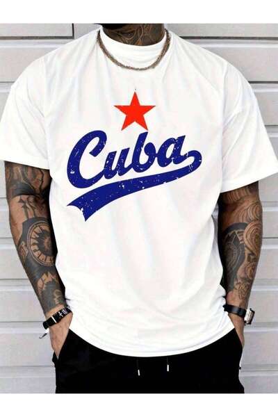 25W Classic Street Style Cuban Pattern T-Shirt, With Blue Handwritten Font An...