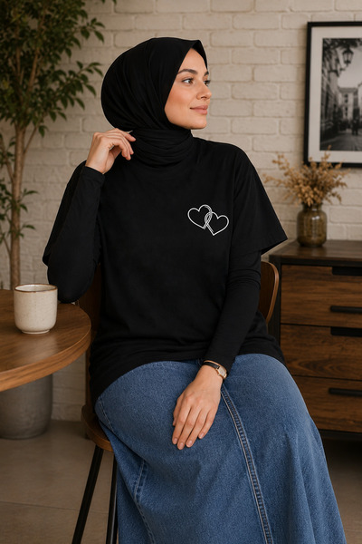 BAGAND Tricou de damă oversize negru cu imprimeu inimă premium