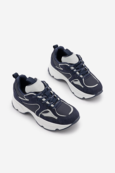 Marjin Kadın Sneaker Yüksek Kalın Taban Çok Parçalı Bağcıklı Spor Ayakkabı Merita Lacivert