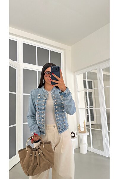 GAUS CO Mavi Apoletli Düğme Detaylı Denim Tasarım Ceket GAUS-01877
