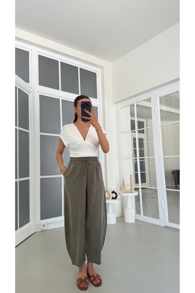 GAUS CO Haki MD Muadil Beli Lastikli Tencel Pantolon GAUS-01848