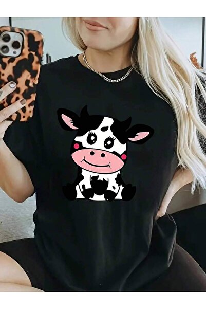 9JY Oversized Women's T-Shirt, Loose Fit, Flat Print Cute Cartoon Animal Cow ...