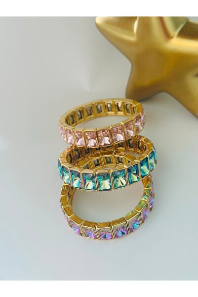 BYYEŞO Crystal Stone Detail Square Cut Elastic Steel Bracelet Pink