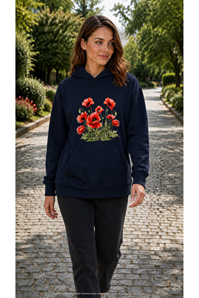 EMMODA Women's Poppy Flower Printed Hooded Casual Sweatshirt with Kangaroo Po...