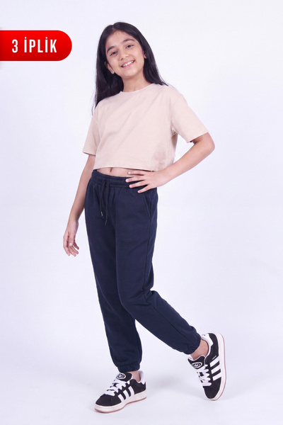 FYK KİDS Girl's 3-Thread Plain Lace-Up Double Pocket Sweatpants