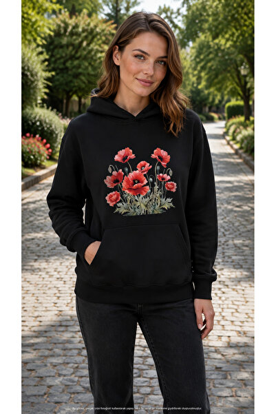 EMMODA Women's Poppy Flower Printed Hooded Casual Sweatshirt with Kangaroo Po...