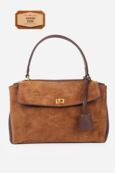 Alessia Bag Nessa Lock Detailed Suede Leather Shoulder Bag