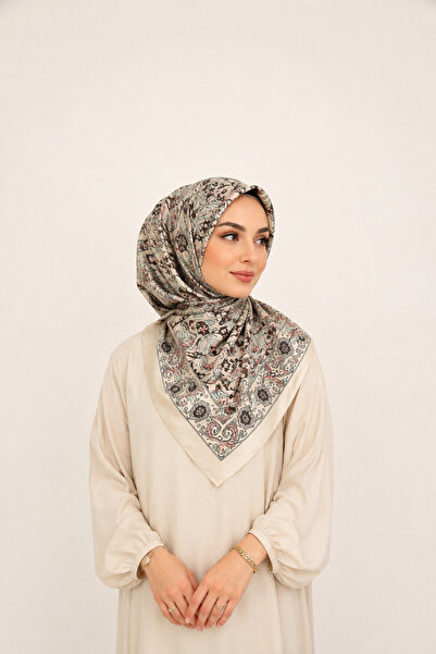 Fevora Beige Ethnic Patterned 90X90 Square Satin Scarf