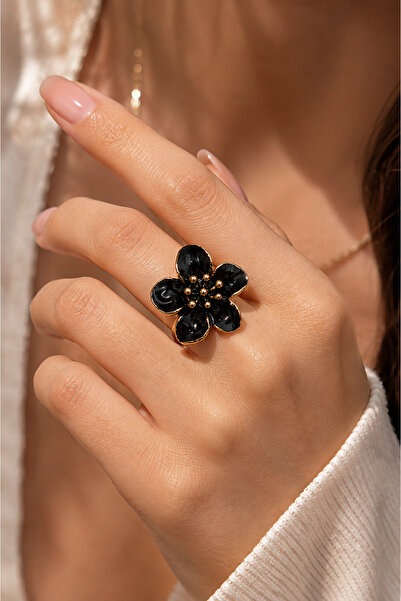 EKİDORA Women's Black Gold Enamel Flower Ring Adjustable Stylish Model Steel ...