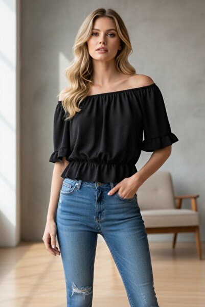 OEM Bluză casual de damă cu decolteu Bardot, croială lejeră, mâneci scurte cu...
