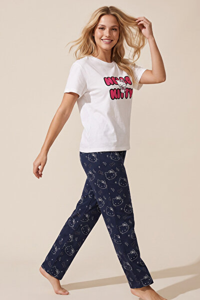Siyah İnci Hello Kitty Lisanslı %100 Pamuk Ekru Çok Renkli Bisklet Yaka Pijama Takım 26120461