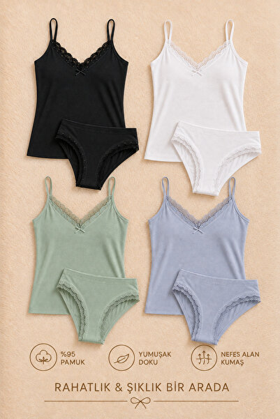 QKK 4-Piece Women's Cotton Lace Detailed Athlete Panties Underwear Set