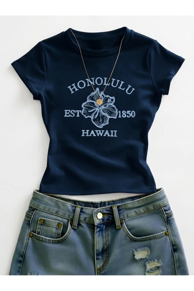 NİCE Women's Honolulu Hawaii Printed - Lycra Short Sleeve Body Tee Crop