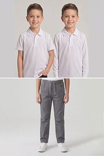 nacar çarşı Boys' School White Long and Short Sleeve Polo Collar T-Shirt Gray...