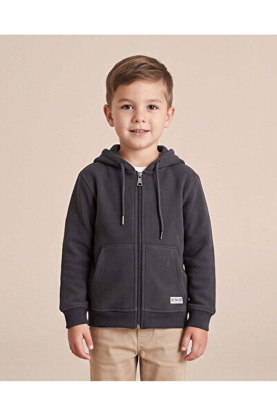 REDTAG Boys Black Zip Up Hooded Sweatshirt