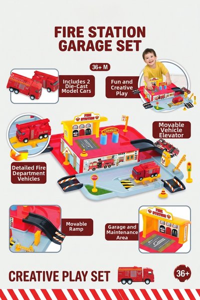 craftivio Fire Station Garage Set - Includes 2 Metal (Die-Cast) Cars, Ages 3+
