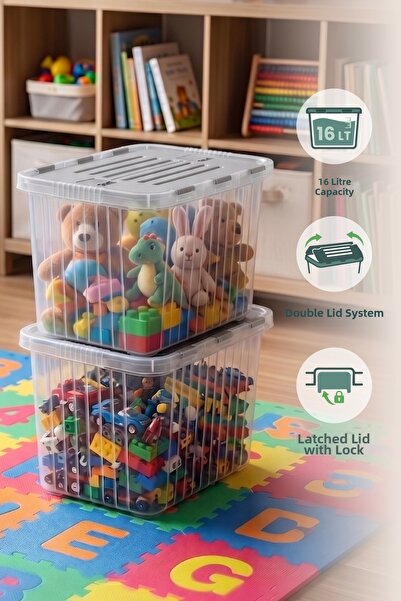 Wumboo 2 Pieces Lockable Lid Toy Storage Box - 16 Lt Kids Room Organizer, Toy...